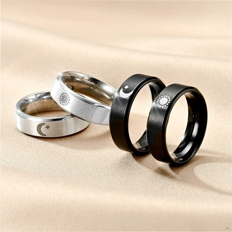 Titanium Stainless Steel Black Star Moom Ring Geometry Jewelry for Couples Lovers Fashion Minimalist Party Gift Wholesale