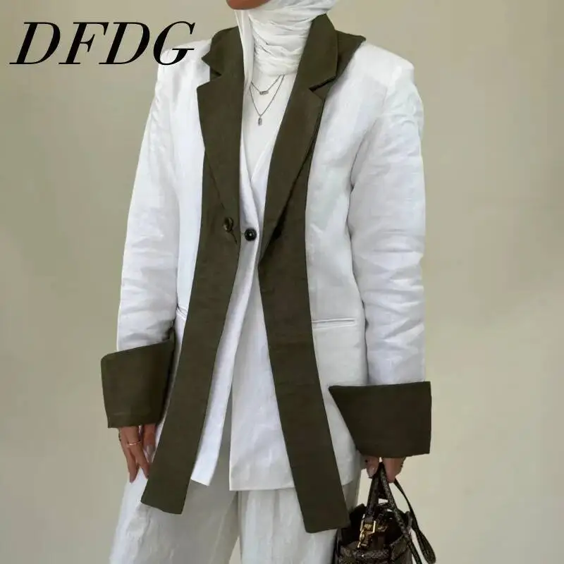 

DFDG A High-quality Lapel Patchwork Design With A Strong Sense Of Style Spring 2025 Women Versatile Fake Two-piece Suit Jacket