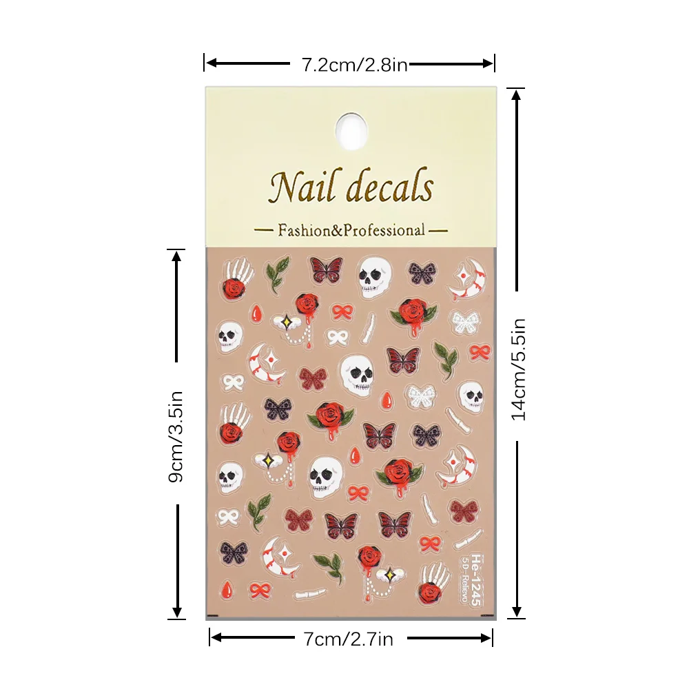 1/5/10 الجمجمة الأحمر روز فراشة Bowknot مسمار ملصقات هالوين 5D تنقش مسمار الفن ملصقات DIY بها بنفسك مانيكير الديكور الشارات