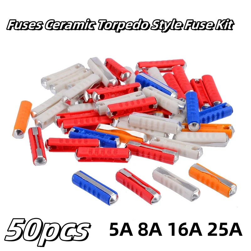 

50Pcs European Automotive Fuse Set Classic Car Auto Fuses Ceramic Continental Torpedo Style Fuse (5A/25A-5pcs 8A/16A-20pcs)