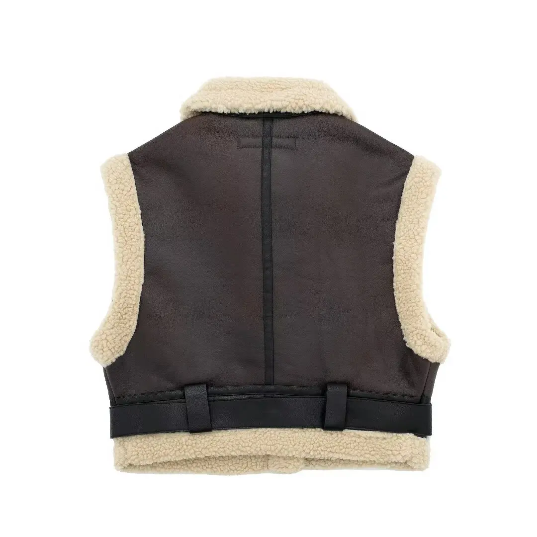 2024 autumn new women\'s clothing lapel sleeveless vest motorcycle style fleece splicing double-sided vest shoulder short jacket