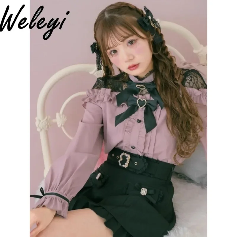 

Cute Japanese Kawaii Long Sleeve Top Koszule I Bluzki Women's Summer Sweet Mine Double Love Heart Bow Tie Off Shoulder Blusas