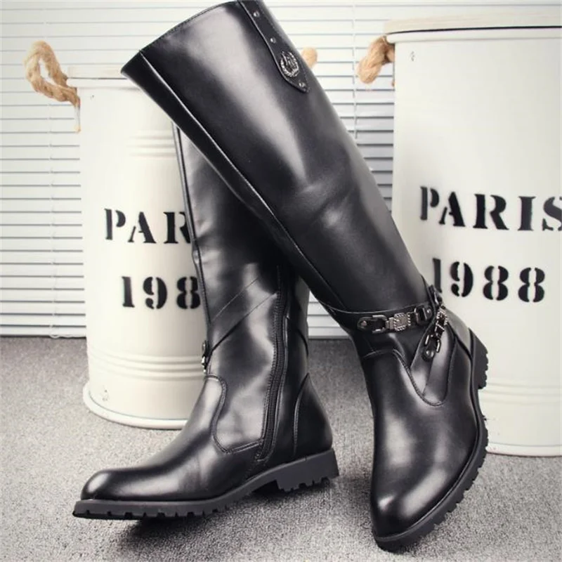 Mens Black Over Knee High Boots Cow Leather Long Waterproof Snowboots Equestrian Motocycle Boots Zipper outdoor nightclub boots