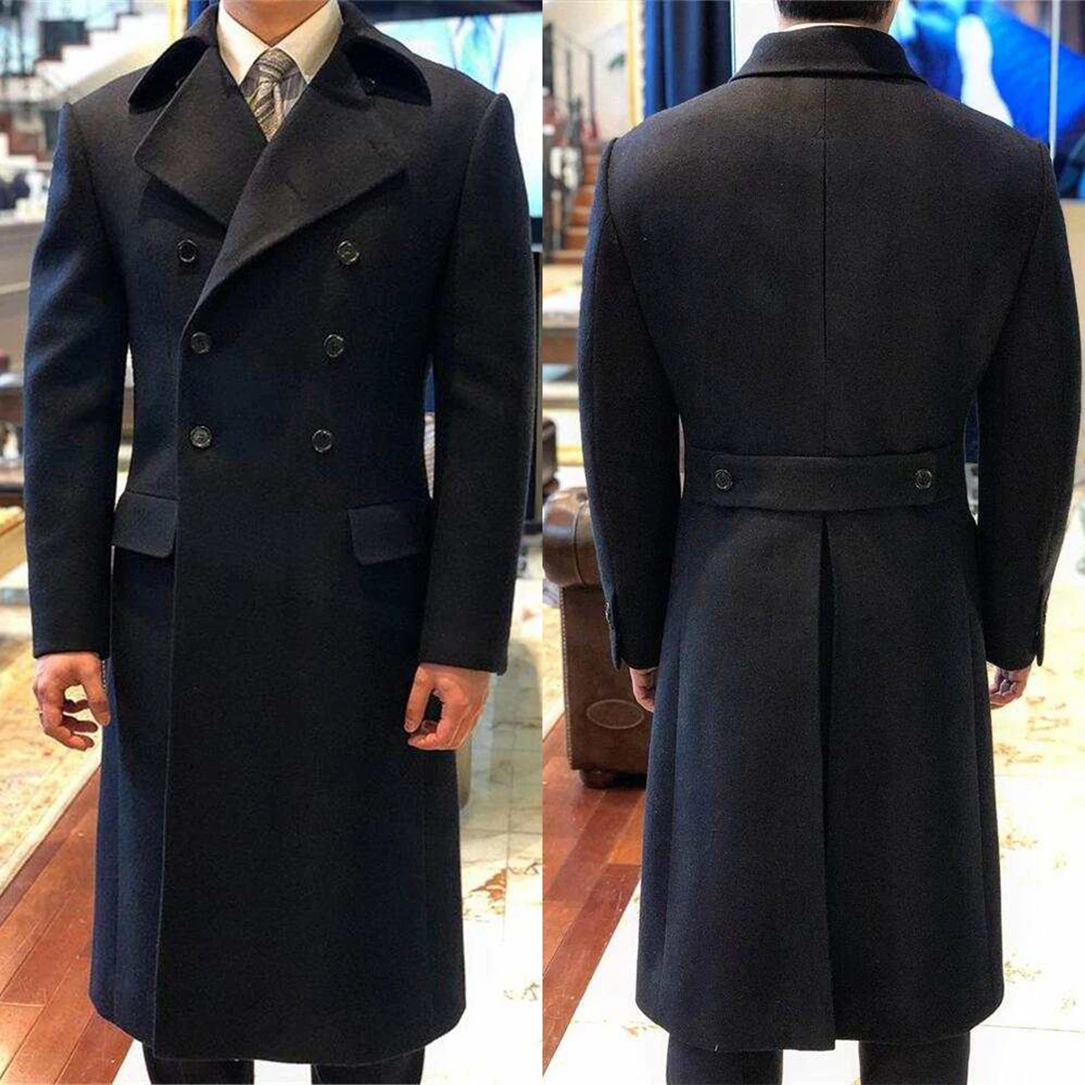 England Men's Tweed Woolen Overcoat Plus Size Formal Outwear Trench Coat Double Breasted Customized Business Office Warm Jacket