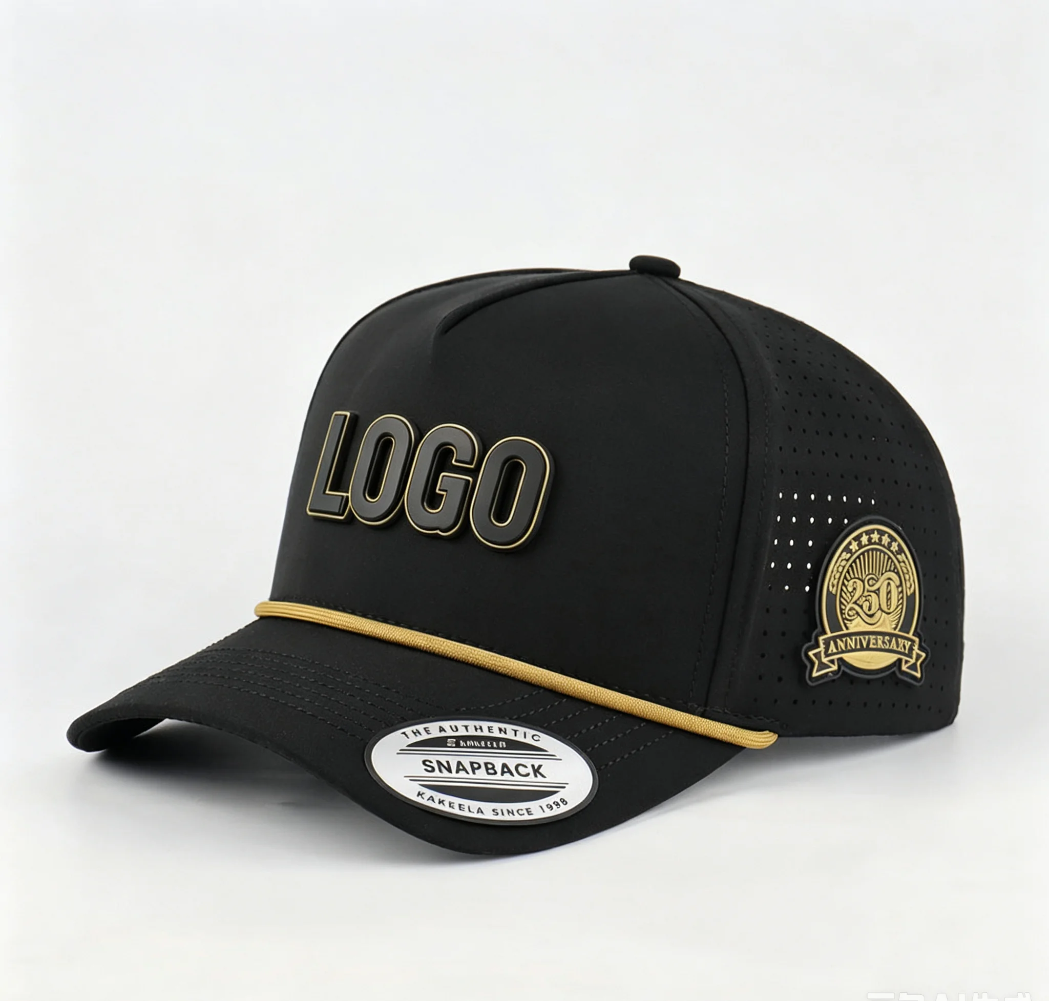 Black Waterproof Sports Running Cap with Laser Cut Hole Custom Rubber Logo Patch Men's Polyester Rope USA Performance Hat