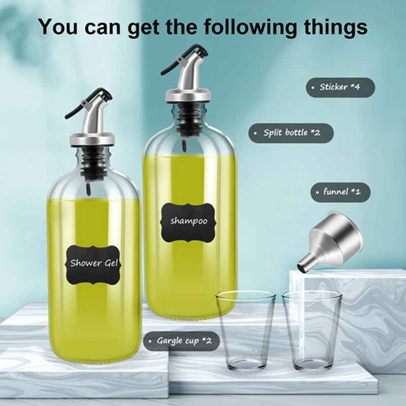 【CLEARANCE】16Oz Glass Mouthwash Dispenser With Pour Spout Funnel And Labels Reusable Mouthwash Bottles Container