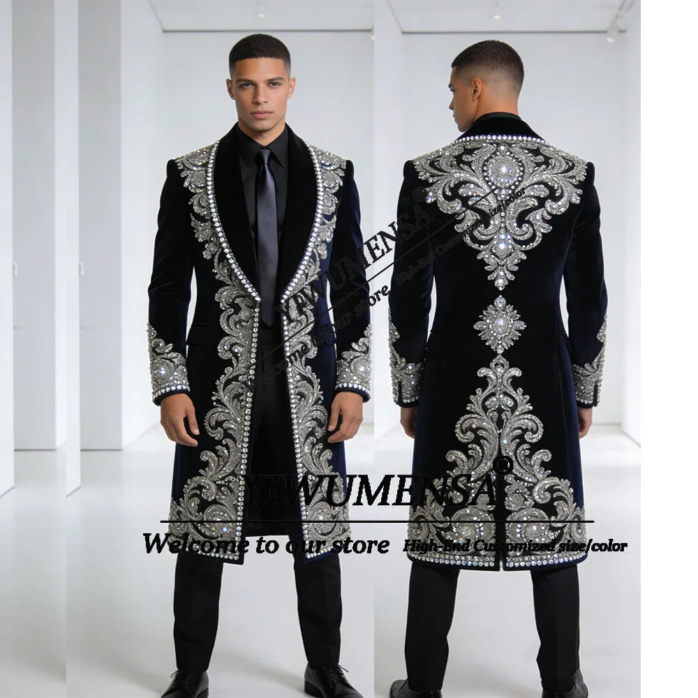 

Beaded Crystals Ornament Suit Men 2 Piece Single Breasted Jacket Pants Groom Wedding Tuxedos Customized Banquet Man Blazer Long