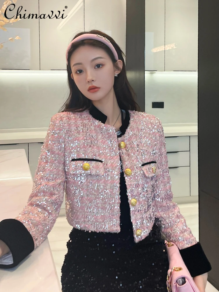 

French Temperament Elegant Socialite Sequined Stand Collar Long Sleeve Single-breasted Pink Tweed Short Jacket Coat Women Autumn