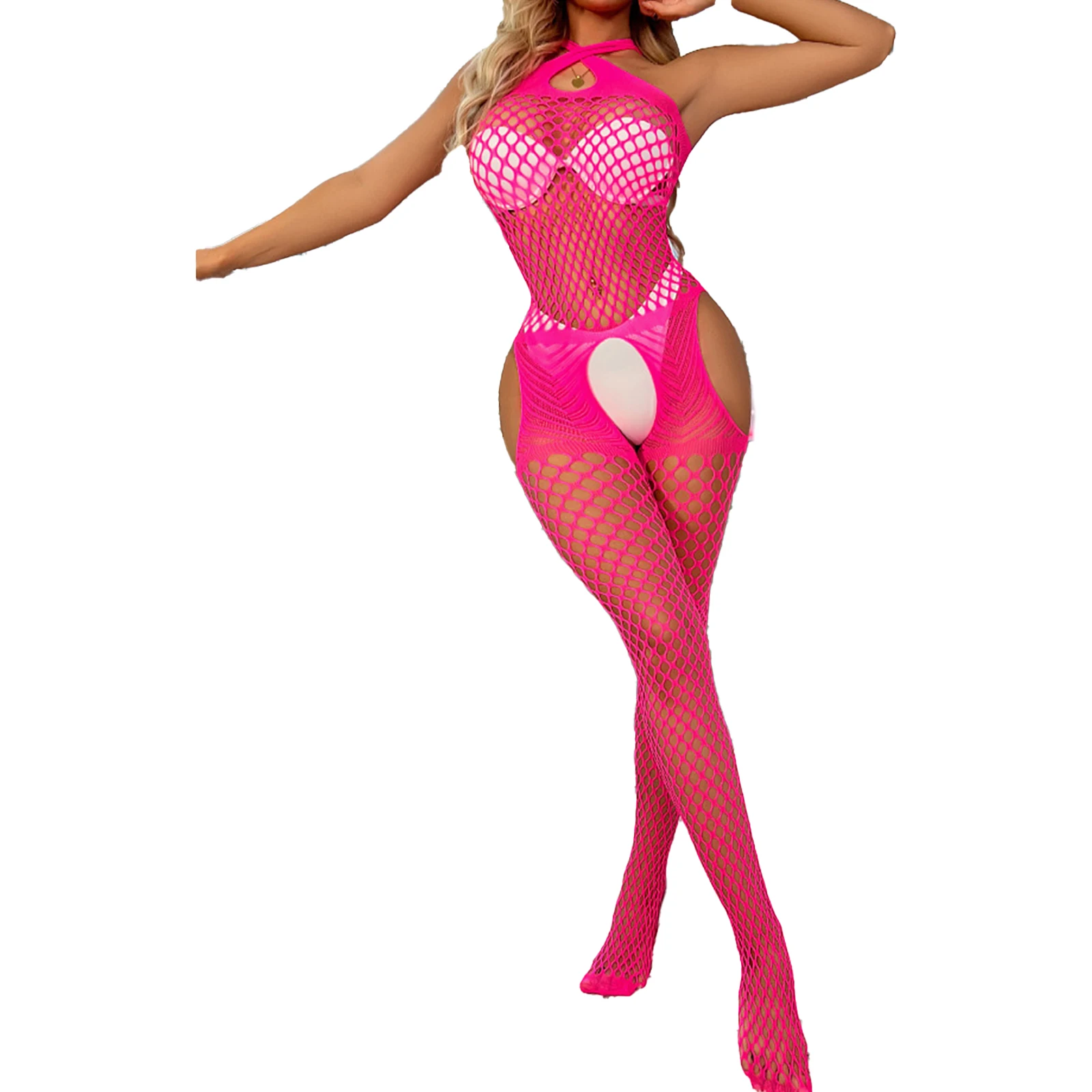 

Womens Lingerie Bodysuit Hollow Out Fishnet Crotchless Bodystocking See-through Cutout Cross Halter Skinny Jumpsuit Nightwear