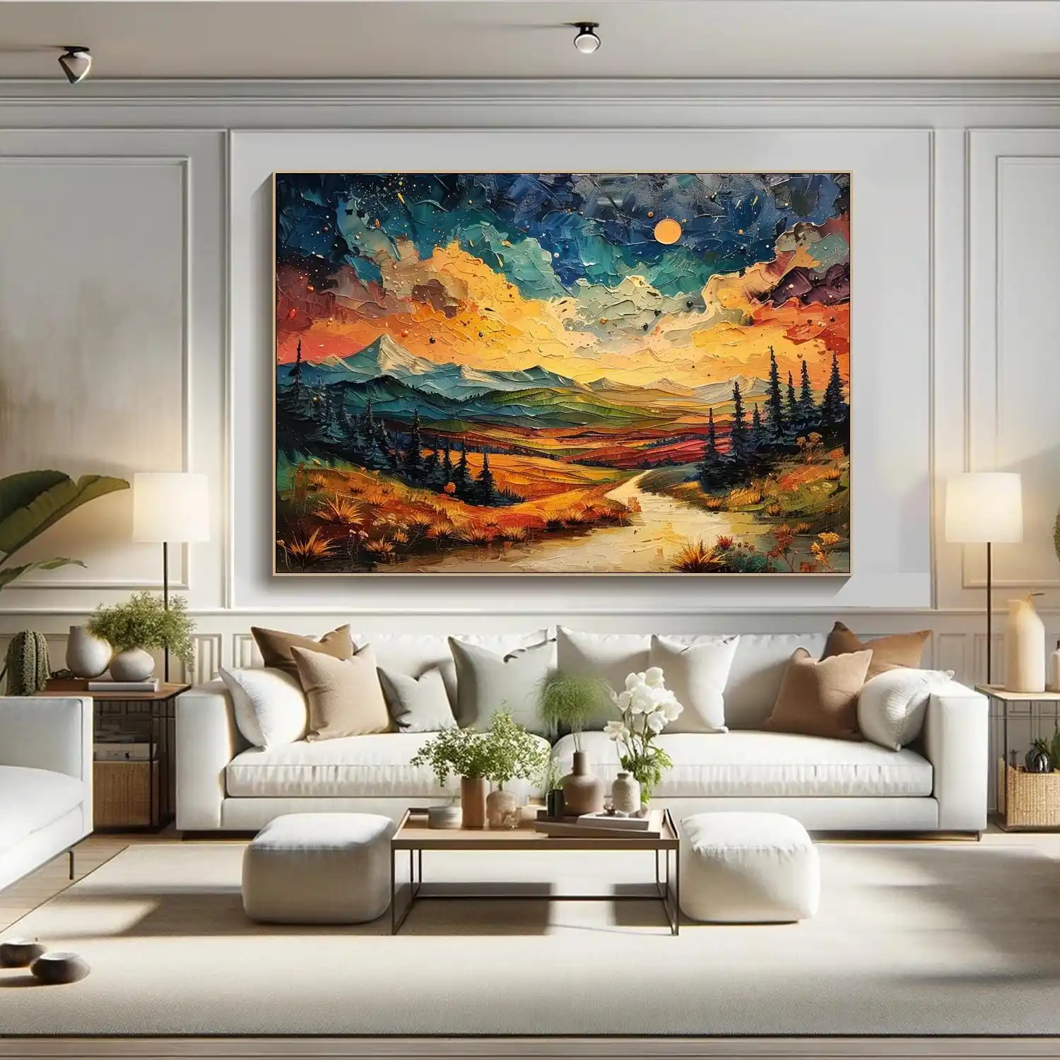 New abstract large size 100% handmade oil painting sunset and night sky mountain landscape painting for modern living room decor