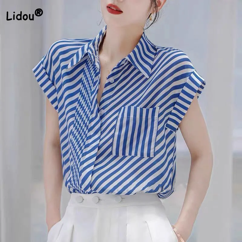 Versatile Blue White Striped Printed Short Sleeve Shirt Summer Polo-Neck Splicing Pockets Single Breasted Loose-fitting Blouse