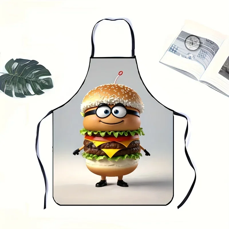 1pc Whimsical Cartoon Burger Character Apron with Glasses, Durable Polyester, Smooth Finish, Adjustable Neck Waist Straps