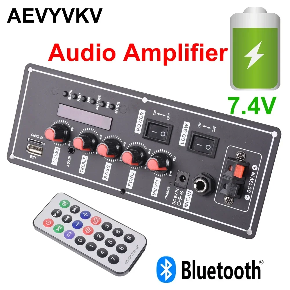 

Bluetooth Audio Amplifier Board MP3 Amplifiers Subwoofer Microphone Amp Module for 4 ohms Speaker 7.4V Battery Powered DC 12V