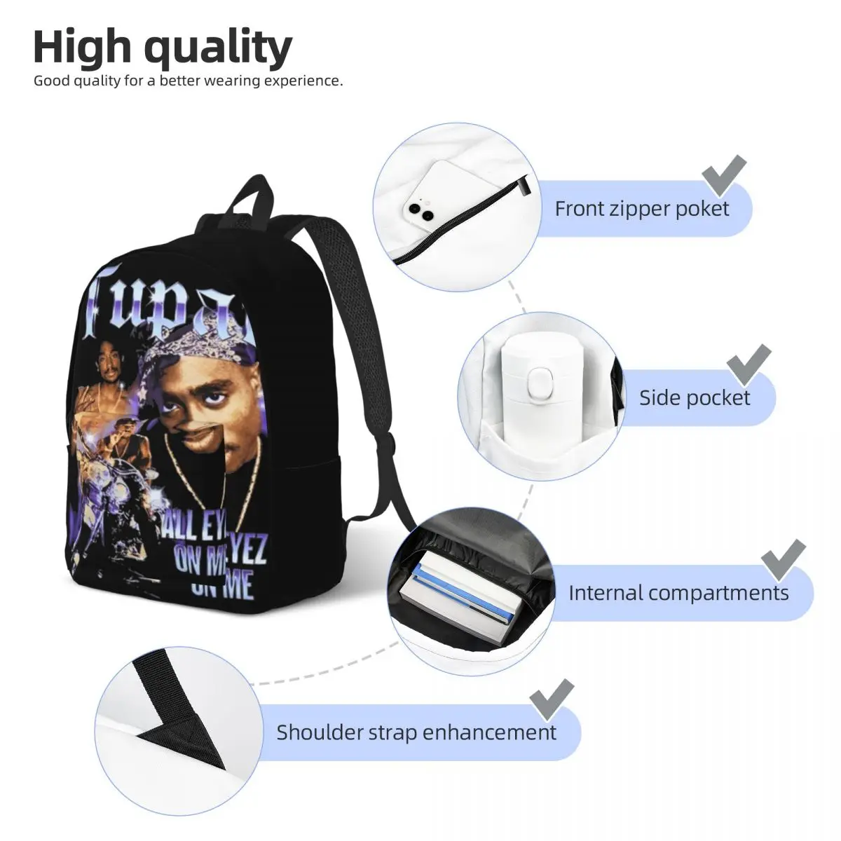 Rared Tupac-Sac à dos décontracté pour homme et femme, sac à dos en toile pour ordinateur portable, sports, lycée, randonnée, voyage, hip hop, chanteur, 2pac