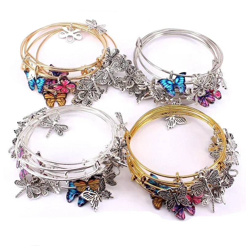 5pcs Bangle Set Wire Bracelets for Women Girls Jewllery Butterfly Dragonfly Bow Charms Bangles Cuff Jewlery C044