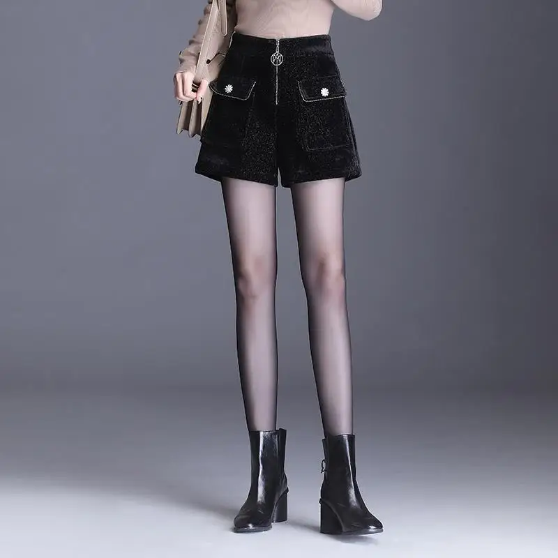 2023 Women Clothing Casual Vintage High Waist Straight Wide Leg Pants Zipper Autumn Winter Thin Solid Color Simplicity Shorts