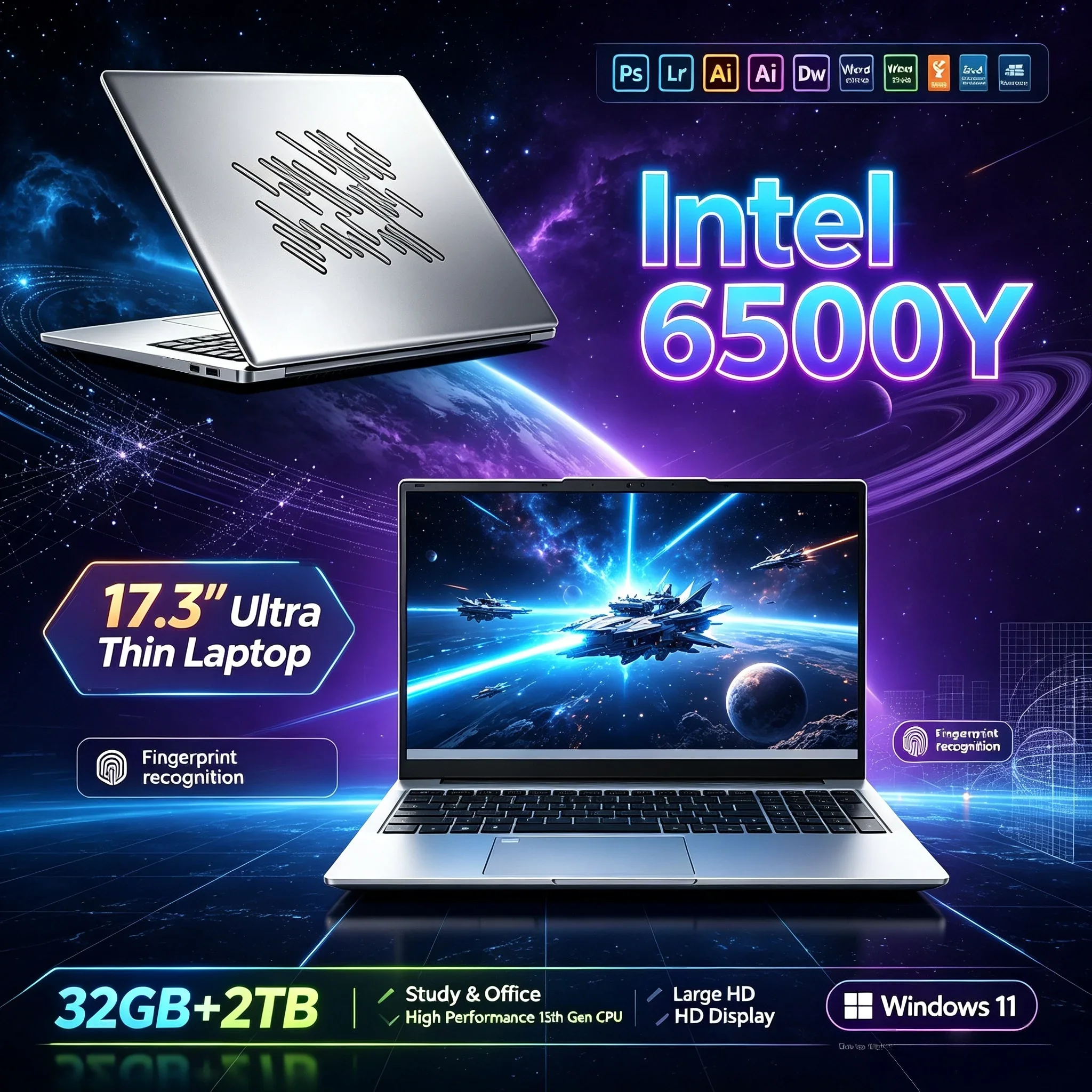 New 17.3'' Laptop Notebook Intel 6500Y 32GB RAM 2TB SSD Windows11 WiFi6 Bluetooth5.2 Big Display Portable Computer For Work Use