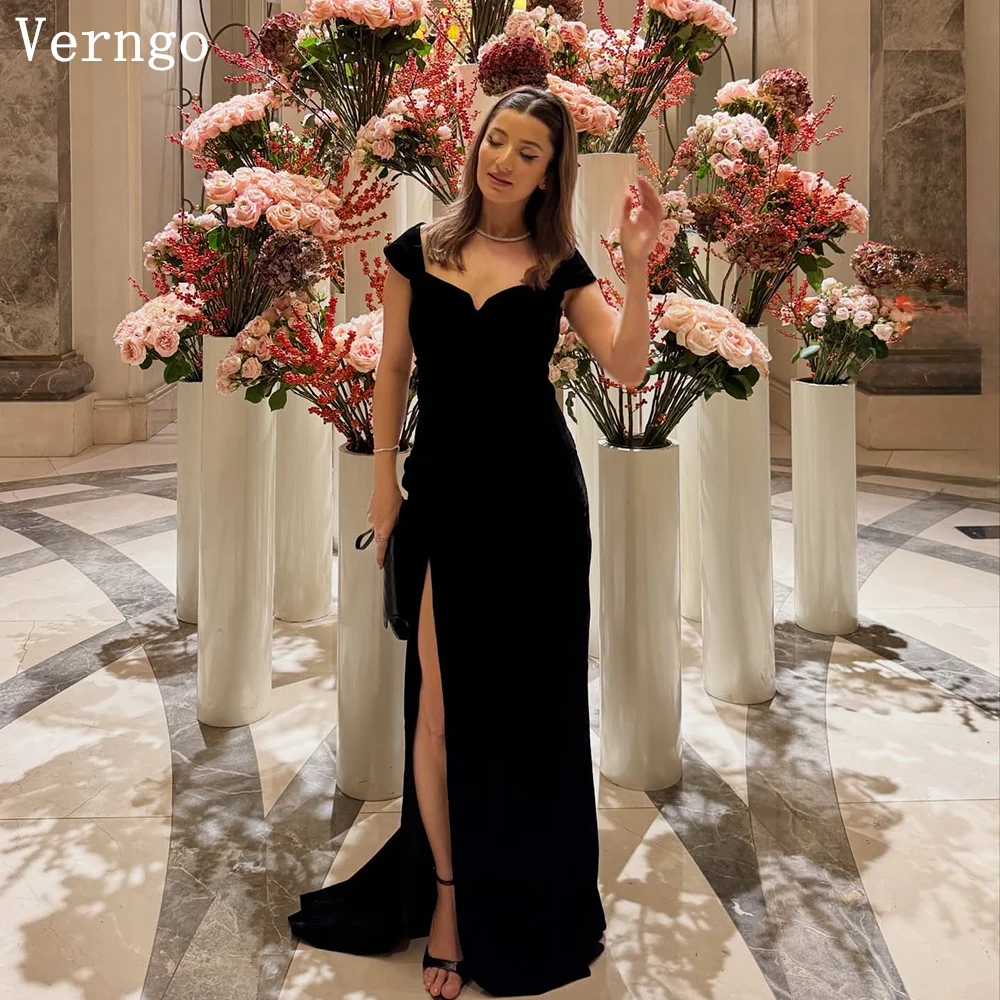 

Verngo Velvet Black Formal Dress Short Sleeves Mermaid Side Slit Maxi Evening Dress Elegant Prom Gowns Customized