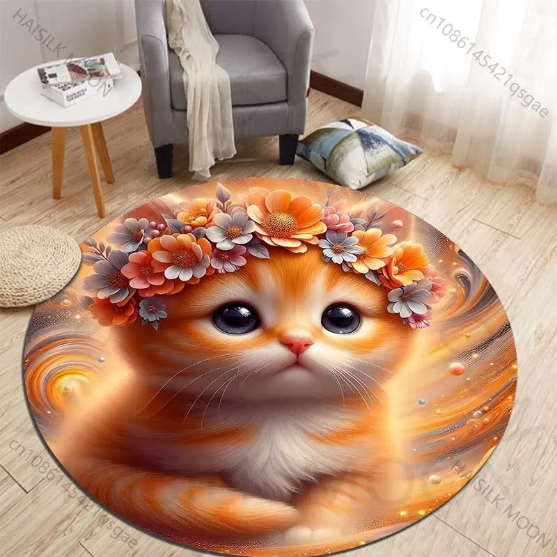 Cute kitten wearing floral wreath in dreamy backdrop Print round carpet living room sofa table large pet mat soft round carpet