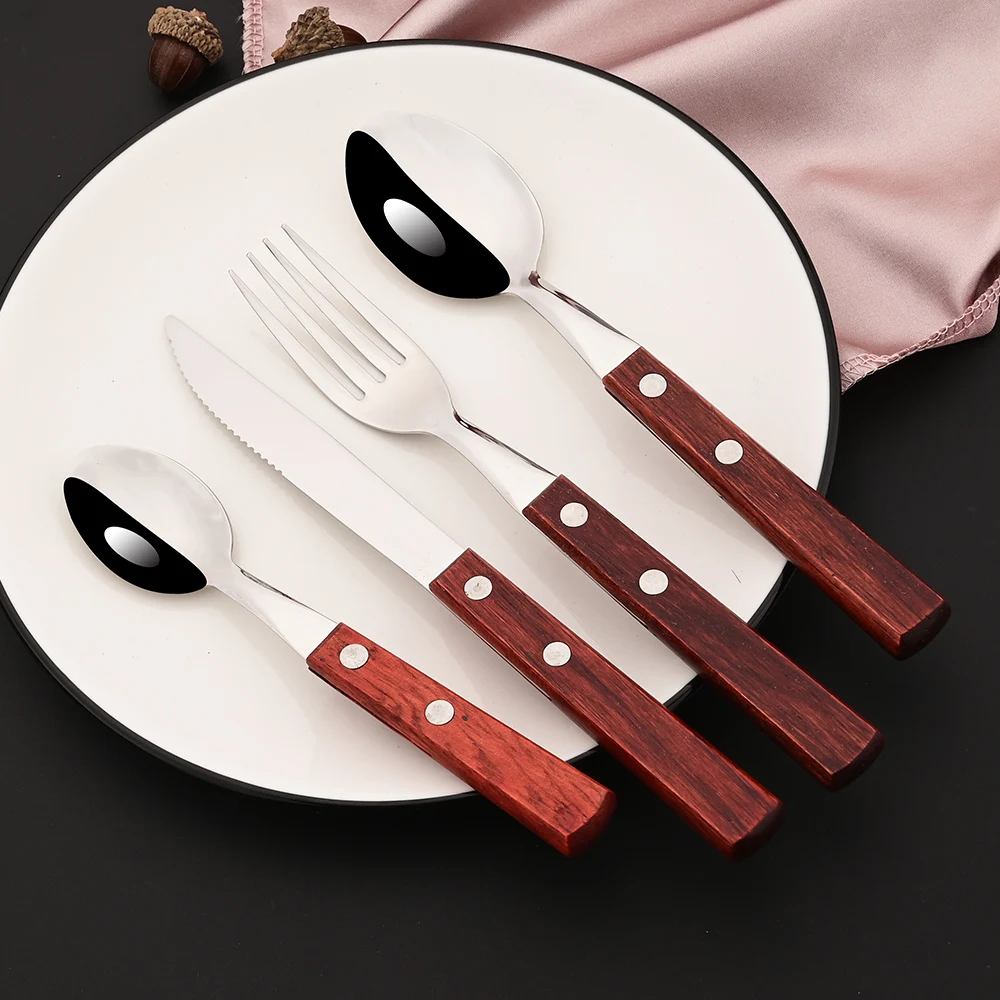 

16Pcs Silver Wooden Handle Cutlery Set 304 Stainless Steel Home Steak Knife Fork Spoon Tableware Kitchen Complete Dinnerware Set