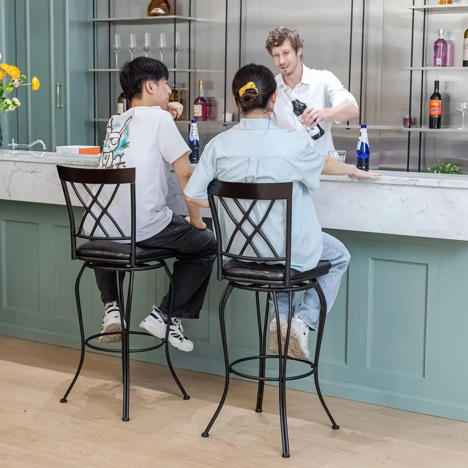 Conjunto de 2 bancos de bar de 30 polegadas, bancos giratórios acolchoados para ilha de cozinha, preto