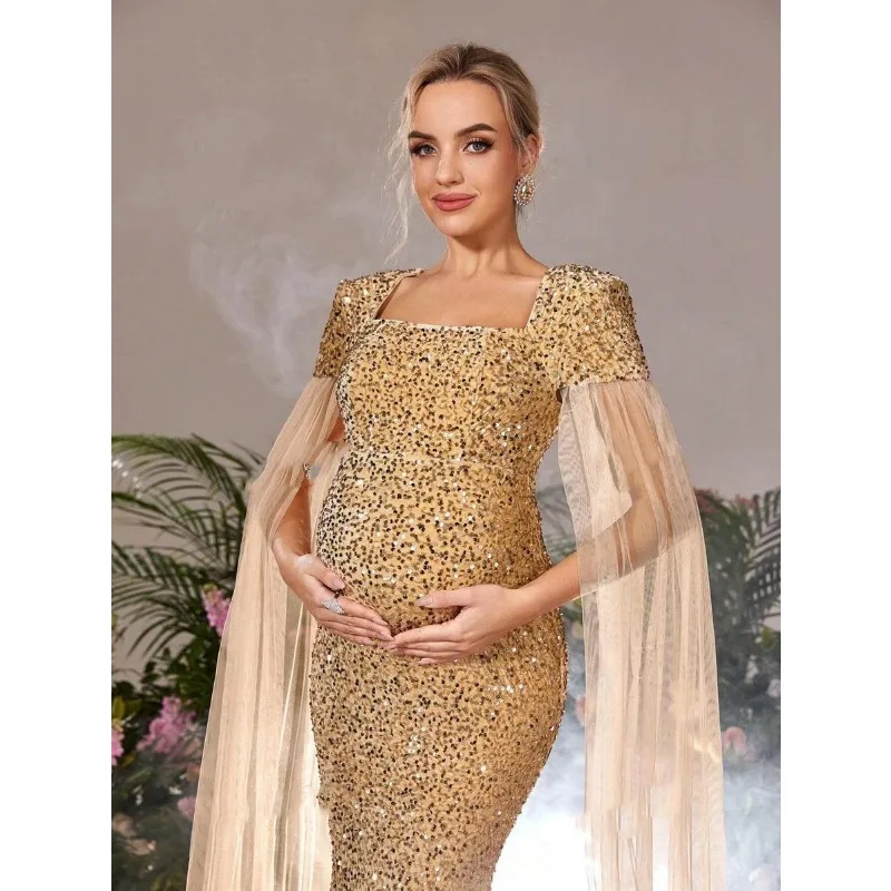 

Maternity Extra-Long Sleeve Contrast Mesh Sequin Formal Party Dress