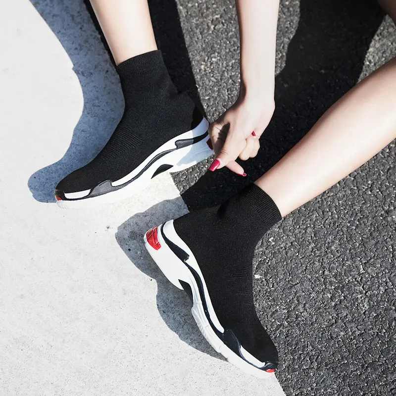 MWY Black Sneakers for Women Platform Vulcanized Shoes Female Socks Shoes Sports Trainers Men Slip-on Stretch Upper Size 35-47