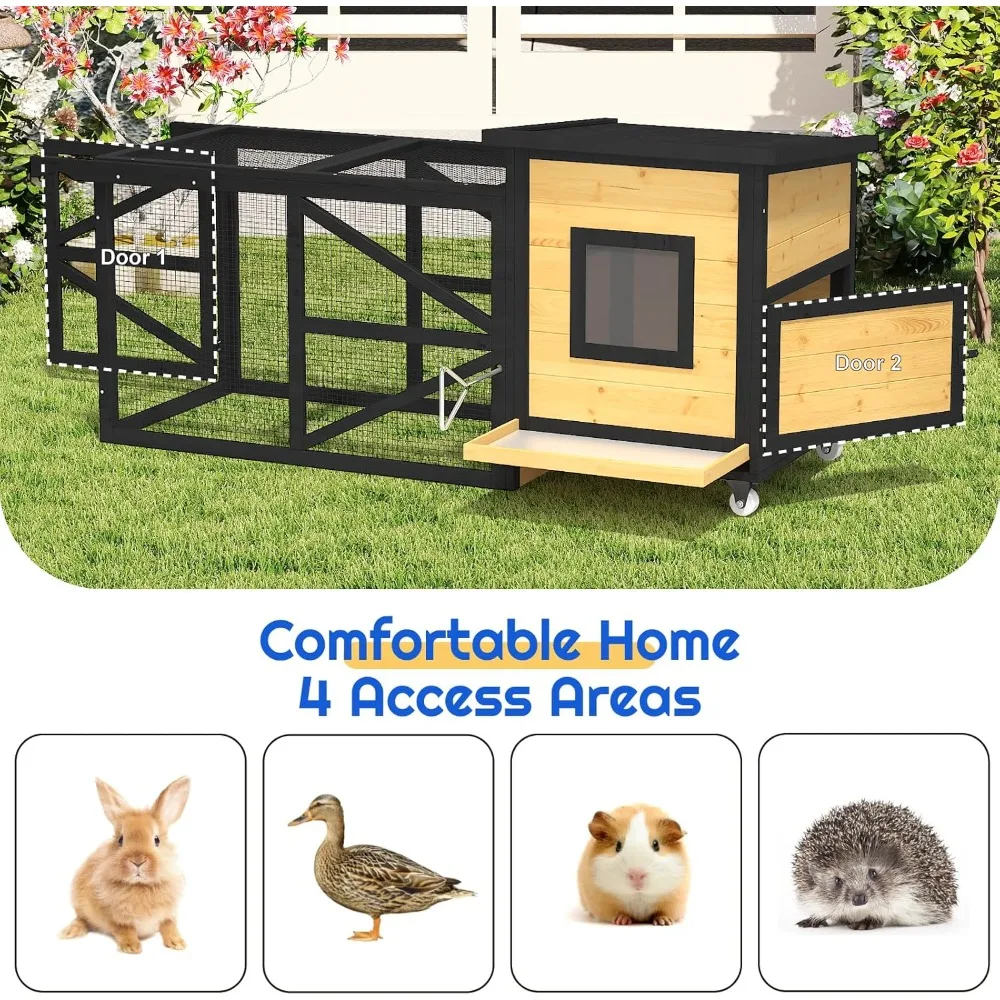 

71'' Chicken Coop with Wheels, Outside Chicken House for 2-3 Chickens, Outdoor Wooden Mobile Duck Coops with Run & Waterproof