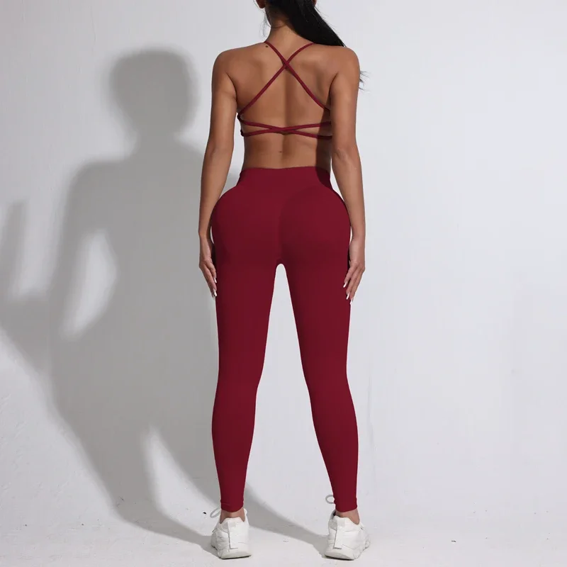 Women's Seamless Sports Yoga Suit Impact Beauty Back Suspender Sports Bra Running Fitness Peach Buttocks Yoga Trousers Leggings