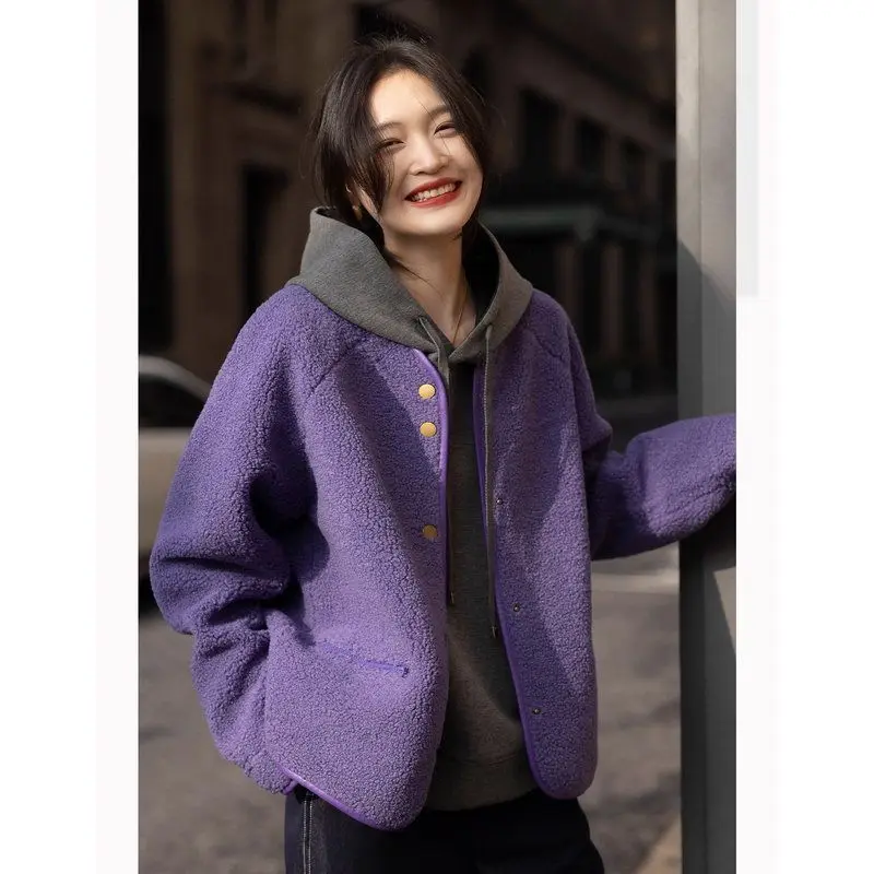 Luxury High Quality Purple Short Faux Lambswool Shearling Coat Women Autumn Winter Minimalist Versatile Textured Fleece Top