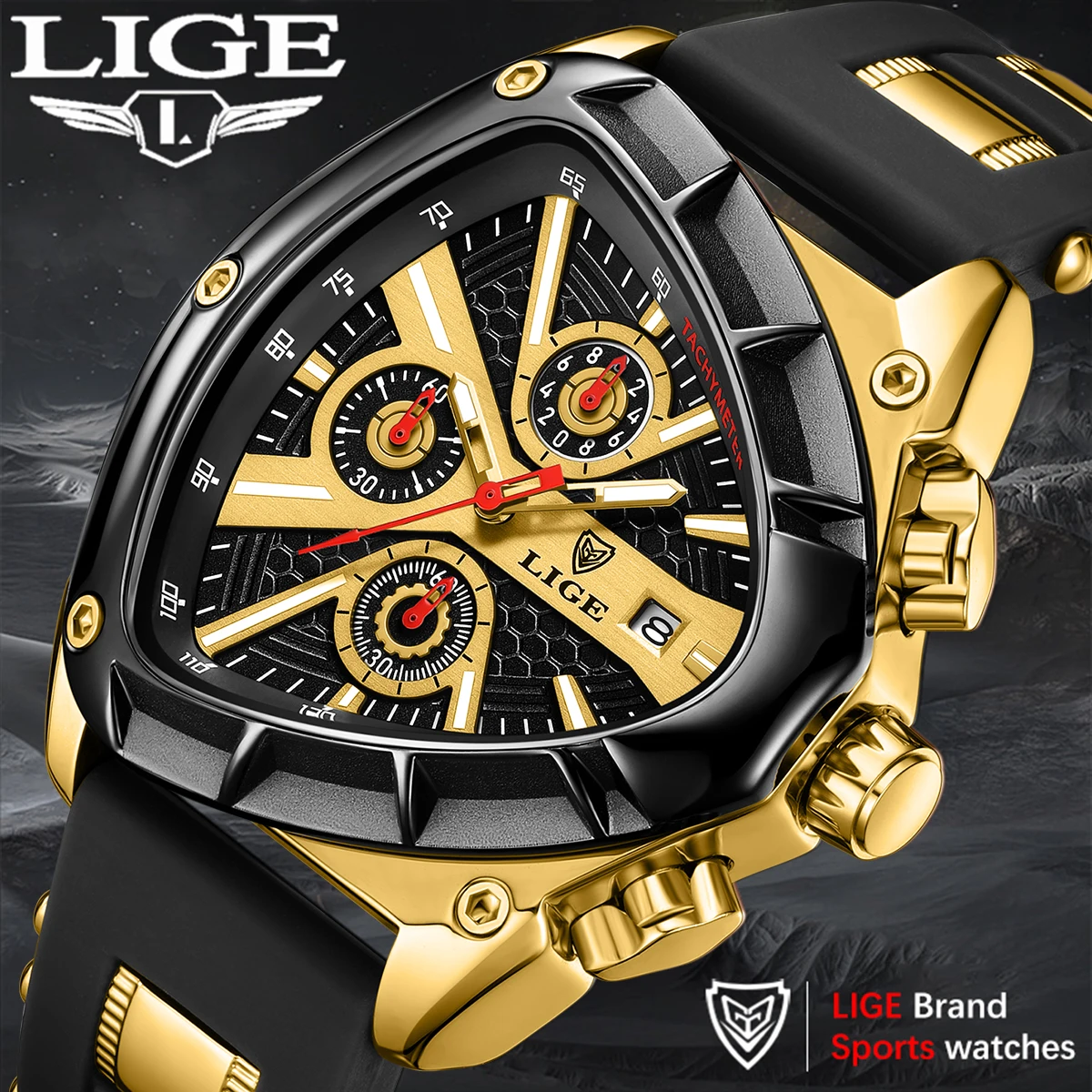 LIGE Mens Sports Watches Fashion Rubber Strap Military Irregular Quartz Wristwatch Waterproof Triangle Watch with Luminous Point