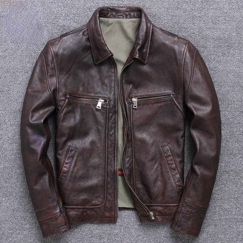 Genuine Leather Jacket Men Autumn Real Cow Leather Mens Jackets Vintage Short Leather Coat Chaqueta Cuero SGG