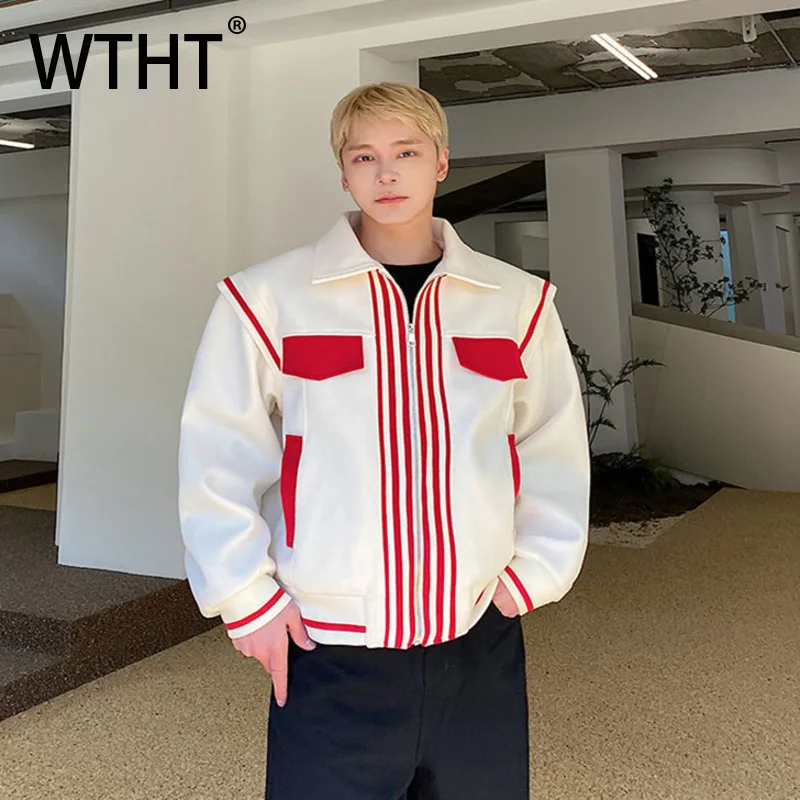 

WTHT модные осенние мужские пальто контрастного цвета на два рта, модные мужские куртки с длинными рукавами и лацканами на молнии 2A1855