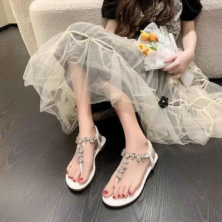 Sandals Women's Summer Flat 2024 New Fairy Wind With Skirt Rhinestone Clip-Toe Seaside Resort Roman Beach Shoes