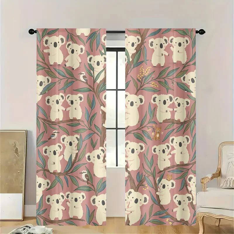 Cute Koala and Leaf Print Decorative Curtains for Living Room Window Filter Light Lightweight Nature Nursery Home Decor Curtain