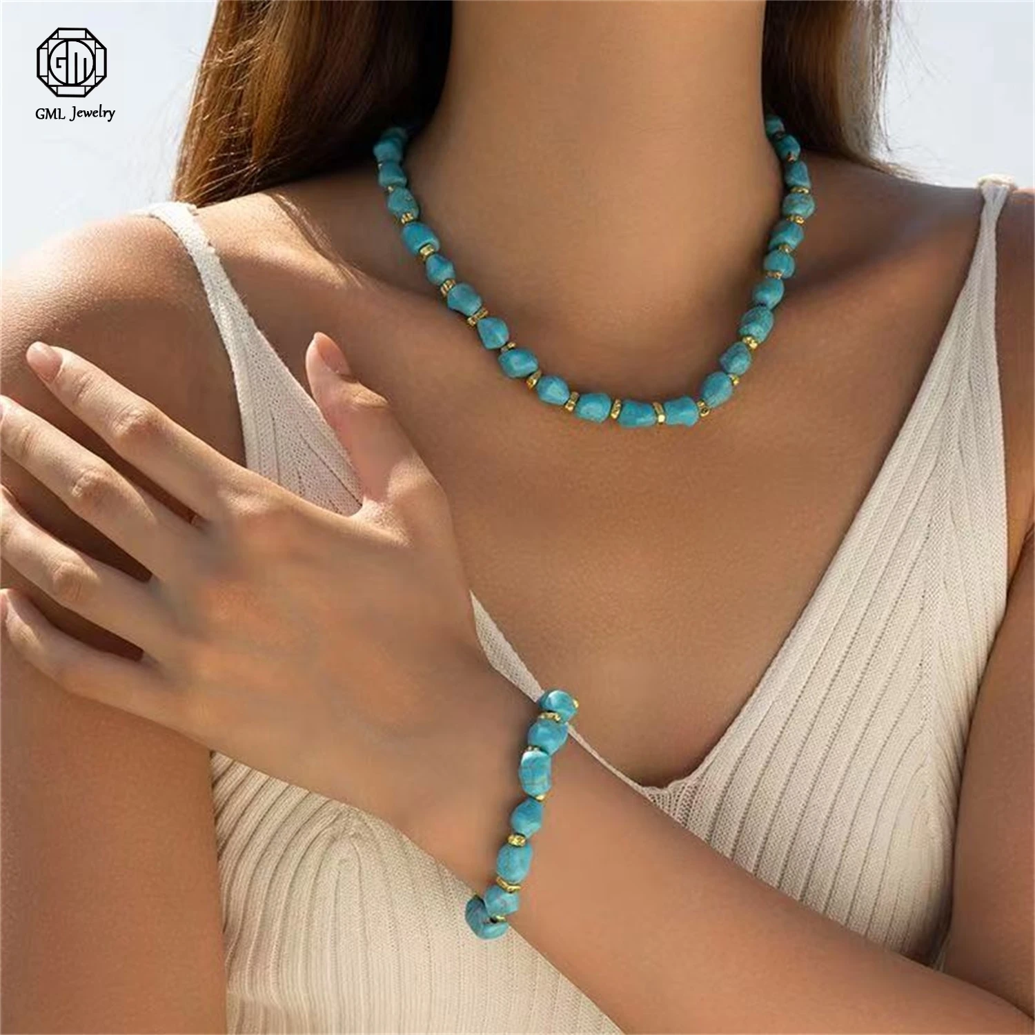 

Набор ожерелий-чокеров с имитацией бирюзы, элегантные синие многослойные бусы ручной работы для женщин, устойчивые к выцветанию, ювелирные украшения, подарок