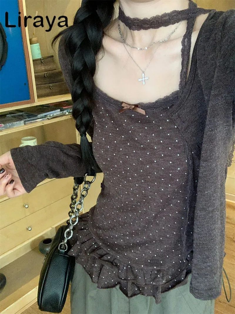 Women Korean Coquette Ballet Core Long Sleeve Crop Top Set, Only Upper Body, 2000s Vintage Aesthetic Shoujo Gyaru Long SleeveTee