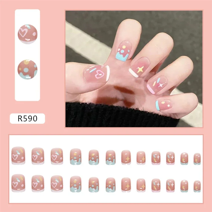 24Pcs/Set Colorful Ballet Wearing Fake Nails Press on Cute Korean Stick on Nails for Girls Reusable False Nails Art Decoration