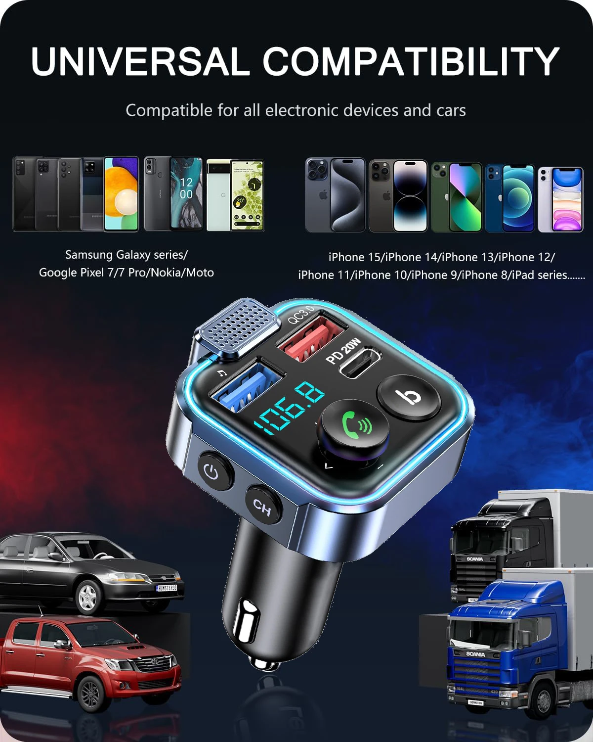 Car FM Transmitter BT V5.0 with Type C PD 20W & QC3.0 USB Fast Charger Hands-free Supporting USB Memory Stick Audio Receiver