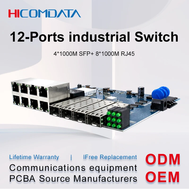 

Gigabit Industrial Ethernet Switch 12-Ports Industrial Switch PCBA 4*1000M fiber optical port + 8*100/1000M RJ45 ports