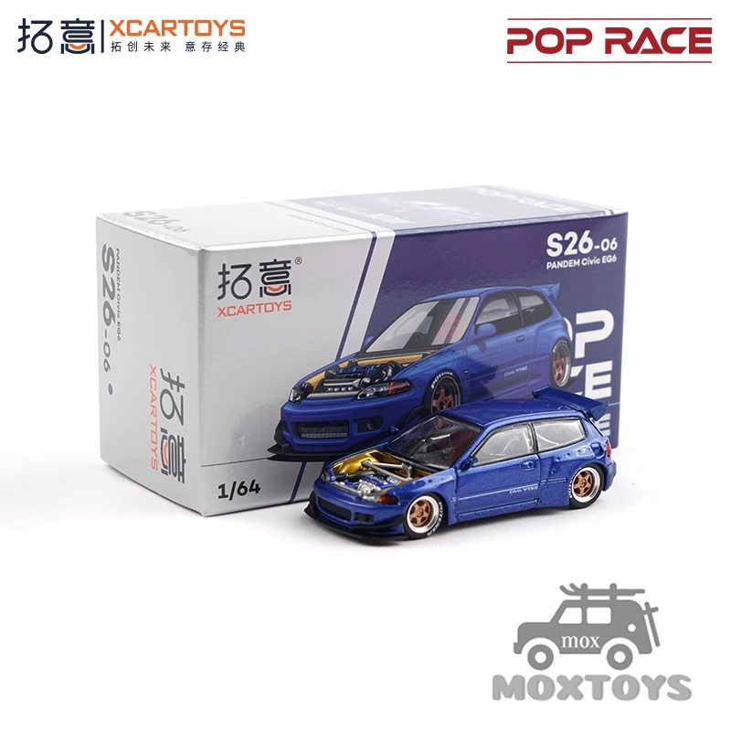 

Xcartoys x POP RACE 1:64 PANDEM Civic EG6 с открытым капотом, металлический синий S26-06, литая под давлением модель автомобиля