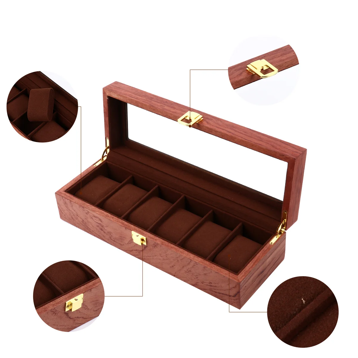 

1pc 6 Slots Vintage Wooden Watch Storage Box Organizer Display Case With Removable Pillows Transparent Window Scratch Resistant