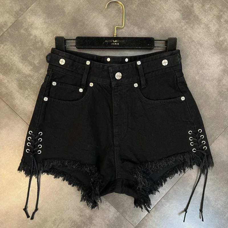 2023 European and American Lace Ragged Cross Pattern Sweet Cool Dark Black Denim Shorts Women Wear Large, Fat, mm Style Outside