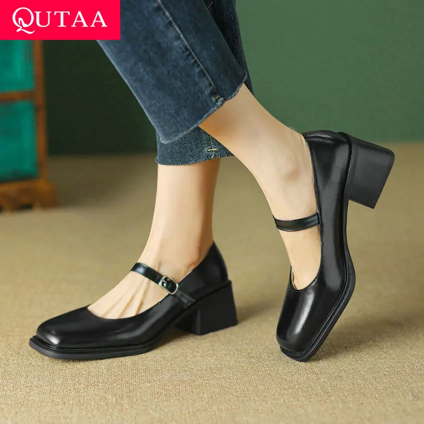 QUTAA 2023 Mary Janes Women Pumps Spring Summer Microfiber Round Toe Thick Med Heels Casual Working Shoes Woman Size 34-43