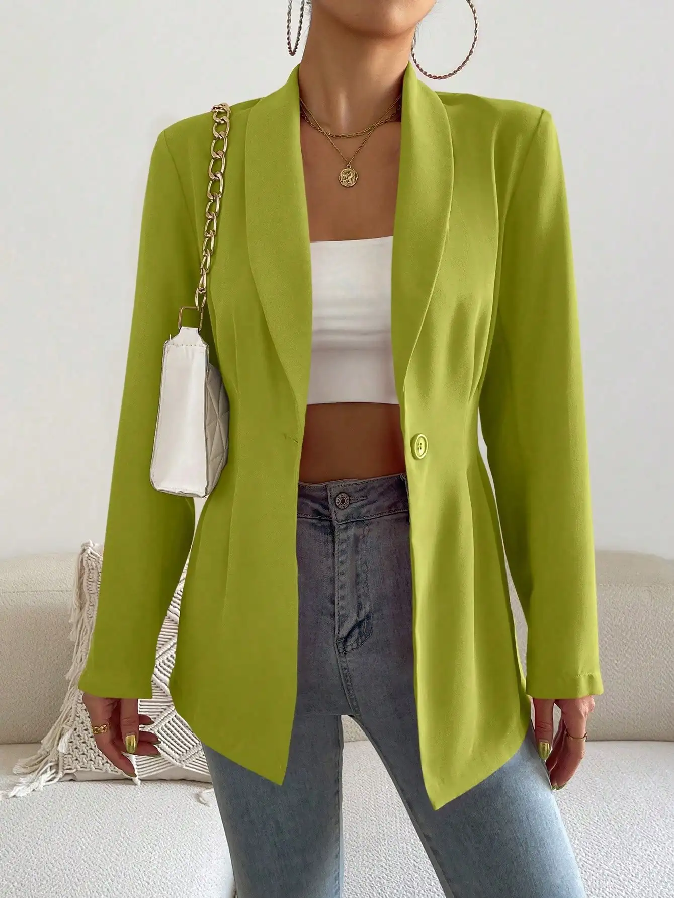 Damen Einfarbiger Klassischer Blazer Langarm Einknopf Slim Fit Büro-Arbeitsjacke Herbst Frühling Formelle Oberbekleidung – Detail 3