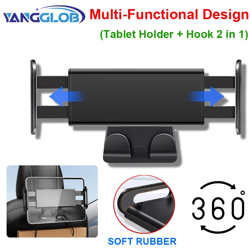 

For Tesla Model 3 Y Juniper Back Seat Phone Holder with 2 hooks 360° Rotate Stand Auto Headrest Bracket For Tablet PC iPad Mini