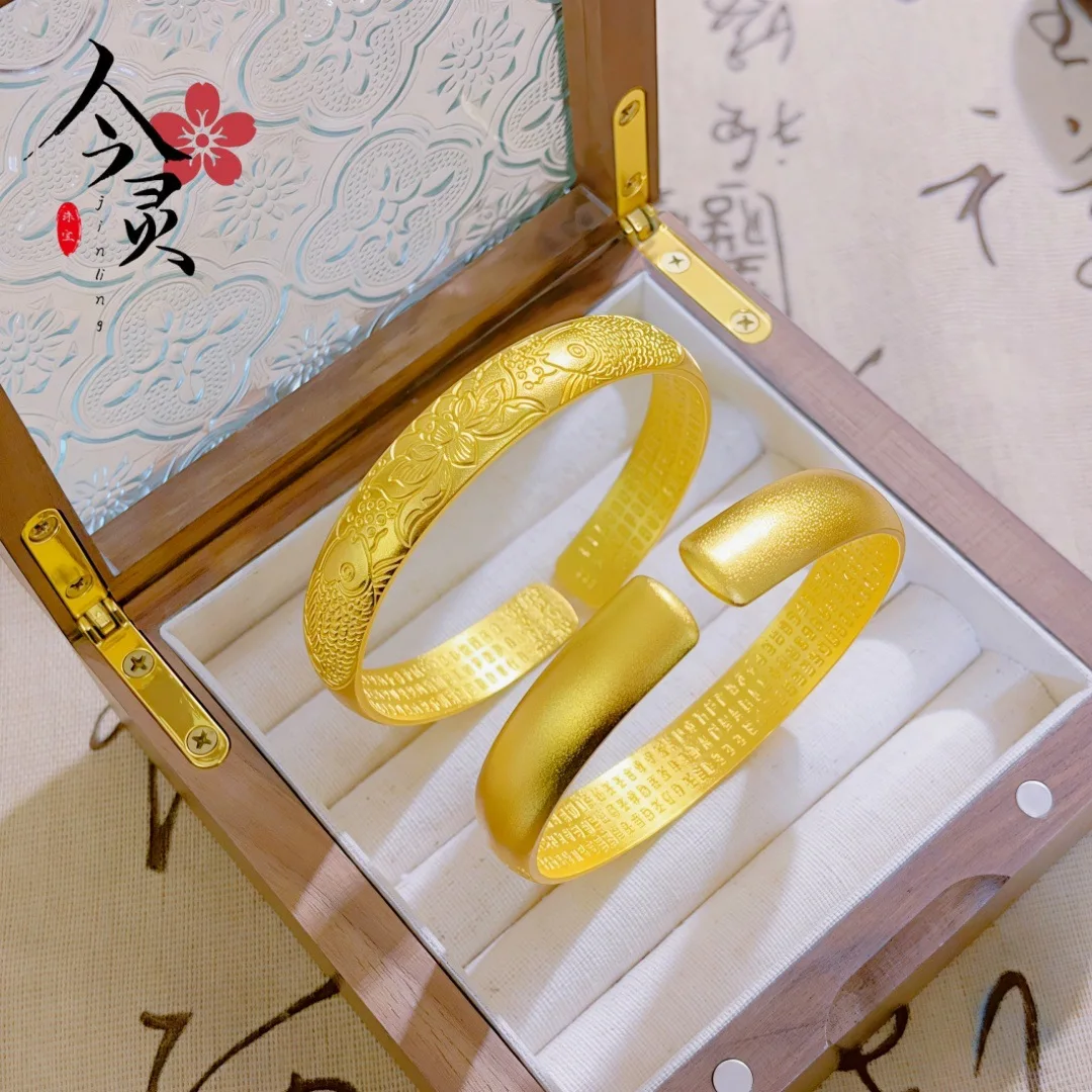 

Элегантный китайский браслет с изображением карпа кои и лотоса, сутра сердца, для женщин, 24-каратное золото AU999, лотос и кои с благоприятным значением.