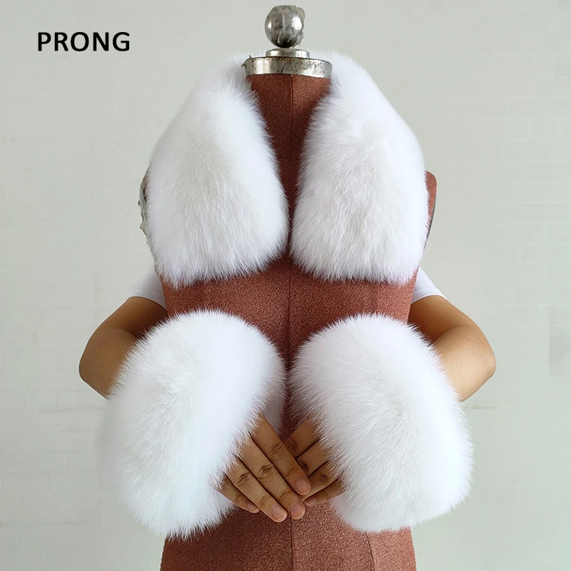 Natural Fox Fur Collar Real Fur Cuffs Set Winter Neck Warmer Fur Scarf Women Square Collar Cuff One Set Collocation Coat