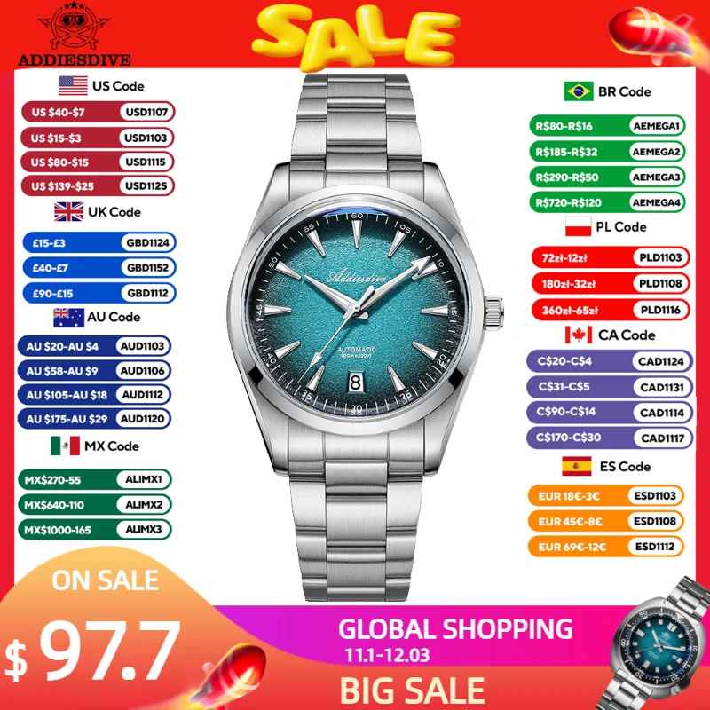 ADDIESDIVE New Men Watch 39mm Automatic 8215 Mechanical Watch Dive 100m Waterproof Domed Glass Luminous 316L Stainless Steel