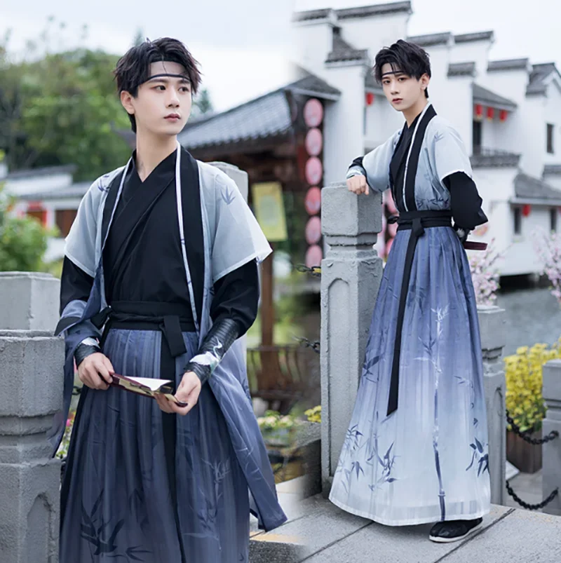 

Карнавальный костюм Hanfu для мужчин и женщин, старинный китайский костюм для косплея с вышивкой, градиентный синий комплект одежды, большие размеры 4XL